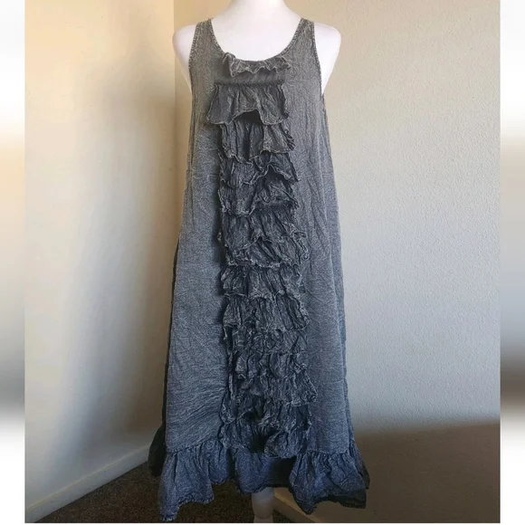 💐Paper Lace Ruffle Front Dress M Layered Crinkle Pockets Lagenlook Boho Hippie - Picture 16 of 16